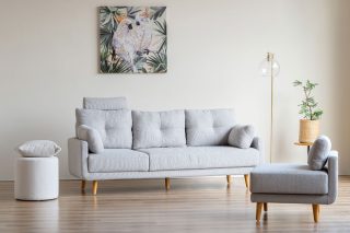 Sofa góc rumba 3 chỗ hiện đại, chất liệu vải màu xám trung tính