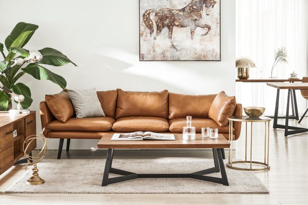 Phòng khách hiện đại với sofa Jazz màu cognac phong cách mới hiện đại