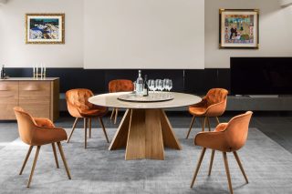 Bàn ăn tròn Icaro mặt bàn ceramic màu xám trắng hiện đại