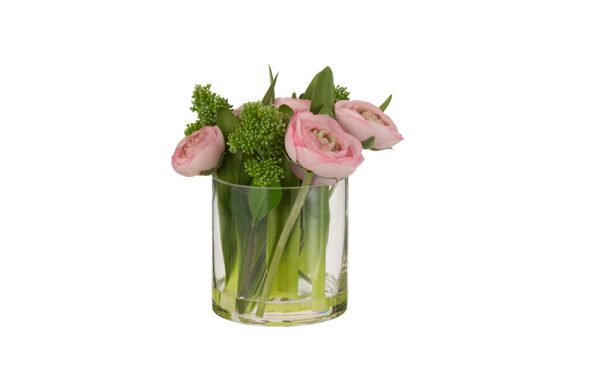 Small pink/green Ranunculus flower glass vase 12498