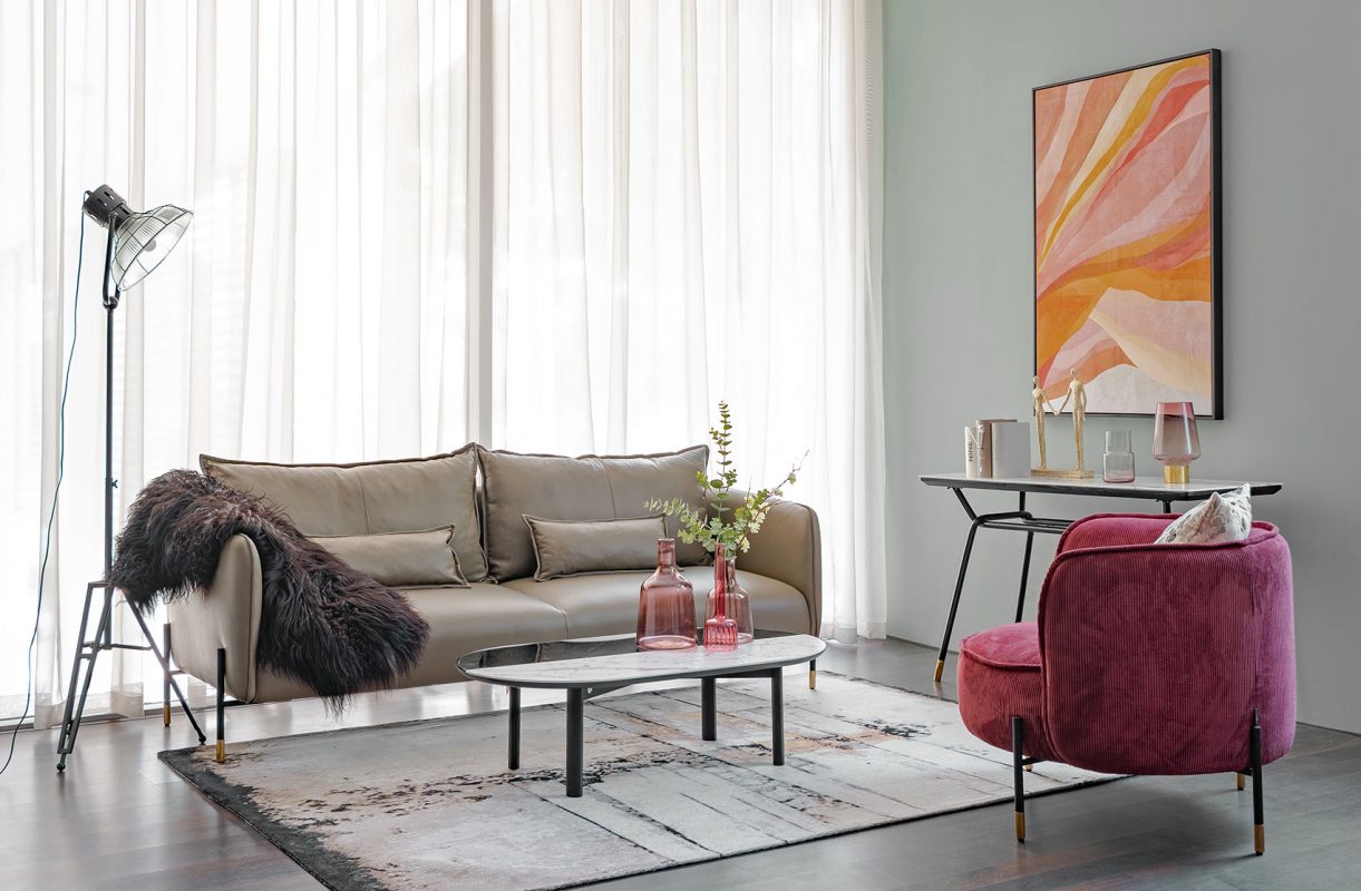 Phòng khách modern luxury với sofa da combo